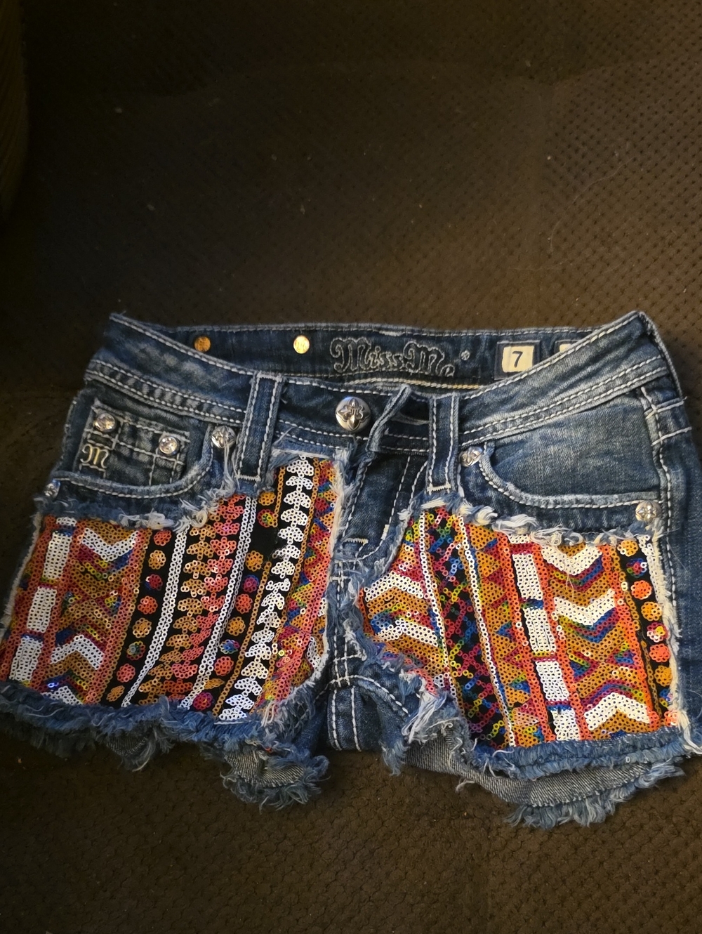 Miss Me Girls Blue Denim Shorts with Multicolor Sequin Panels